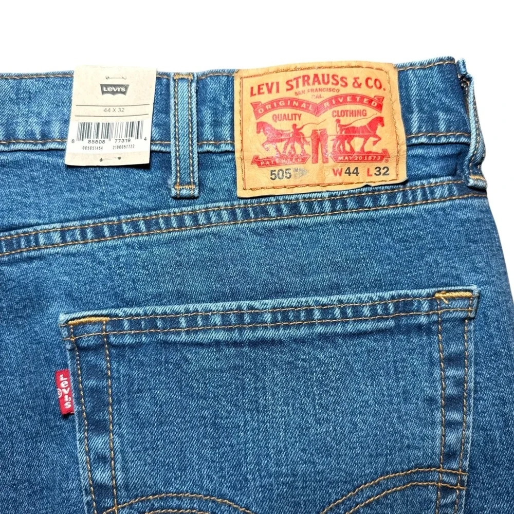 Levis 505 Regular Fit Stretch Jeans Mens 44x32 Blue Straight Leg Denim 005051454